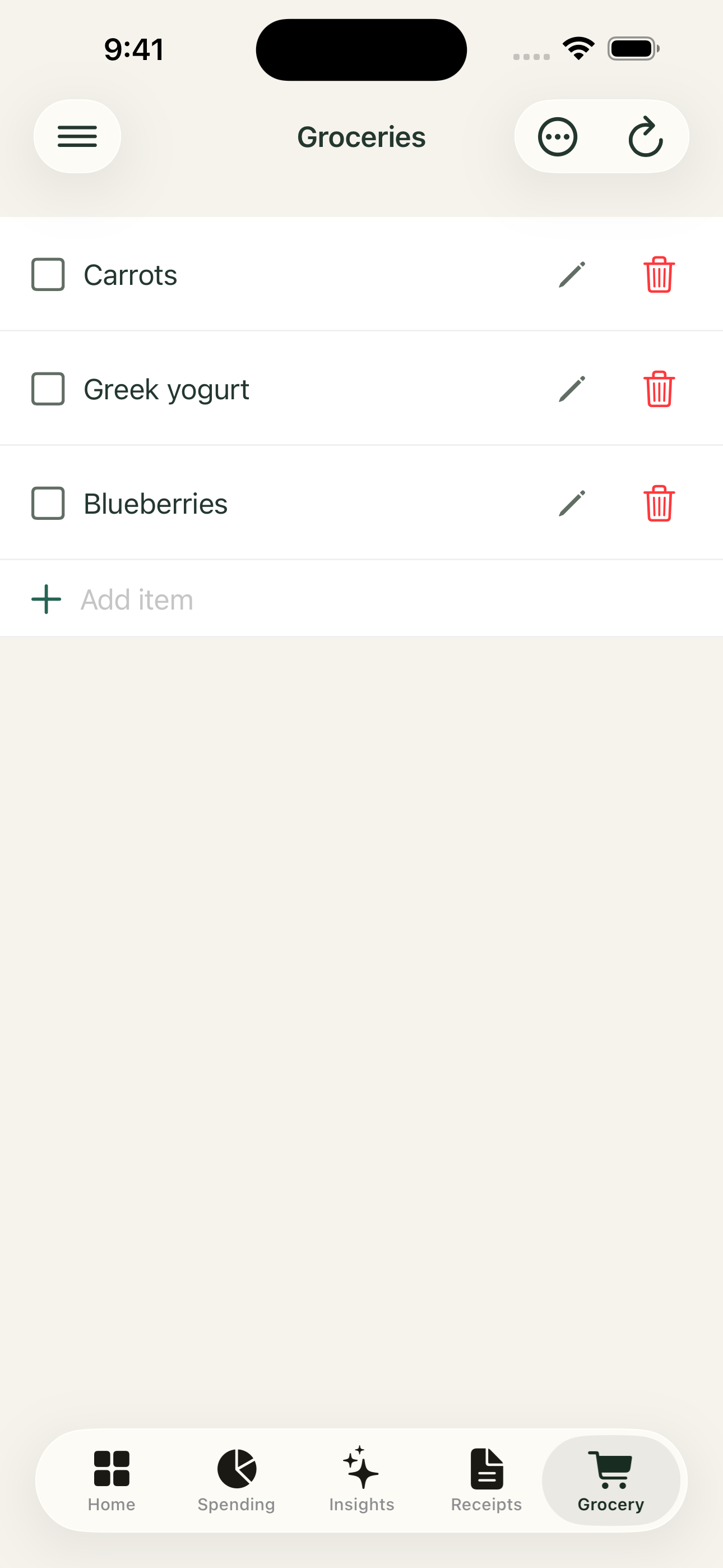 TrackYourBite grocery list with items to buy